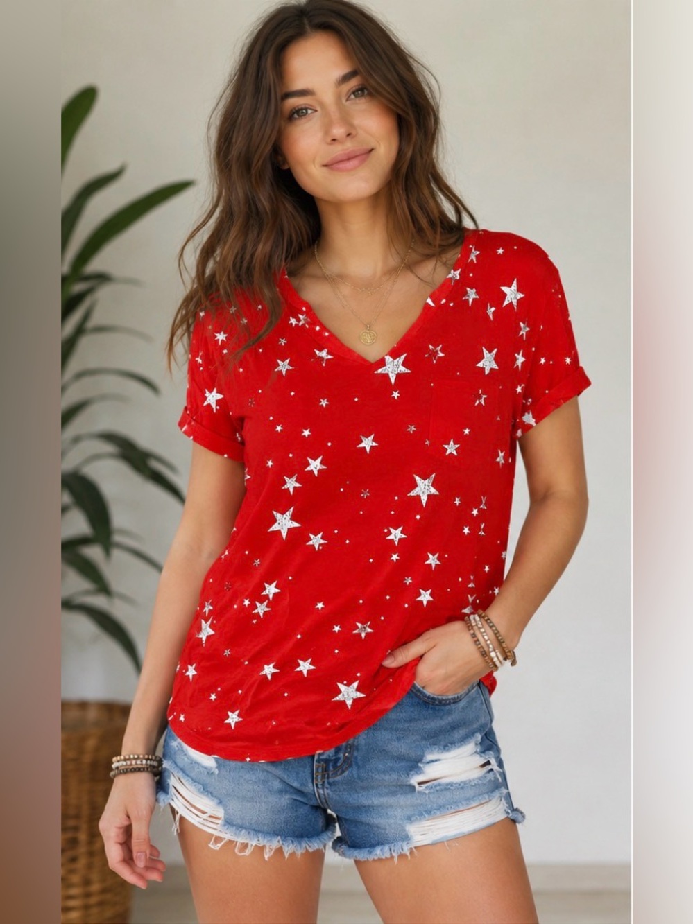 Rock & Republic‎ Red Star Print Tee Shirt XL Y2K Casual Pocket Top Americana